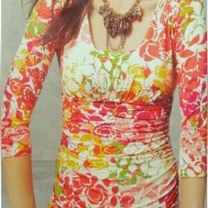 CABI MULTI FLORAL ROSE PRINT EMPIRE RUCHED WAIST RESORT VACATION TOP SZ S NWT